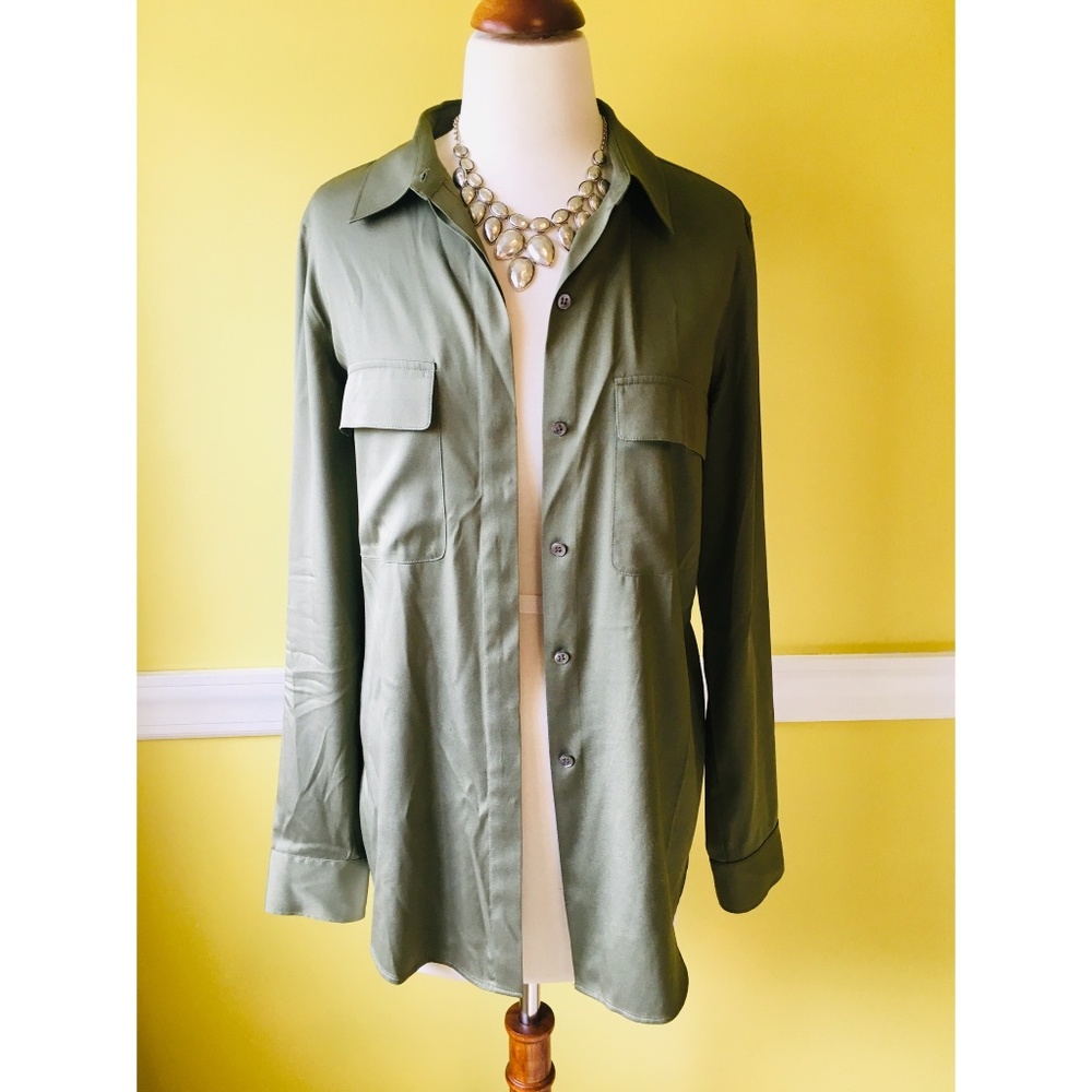 Olive Green Silk Theory Button Down, sz Med